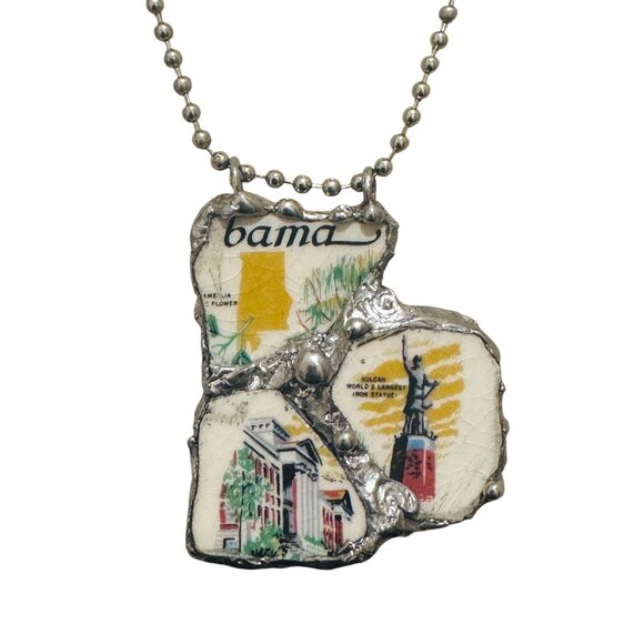 Broken China Pendant Alabama State Commemorative Plate Artisan Metalwork Bezel - Picture 1 of 12
